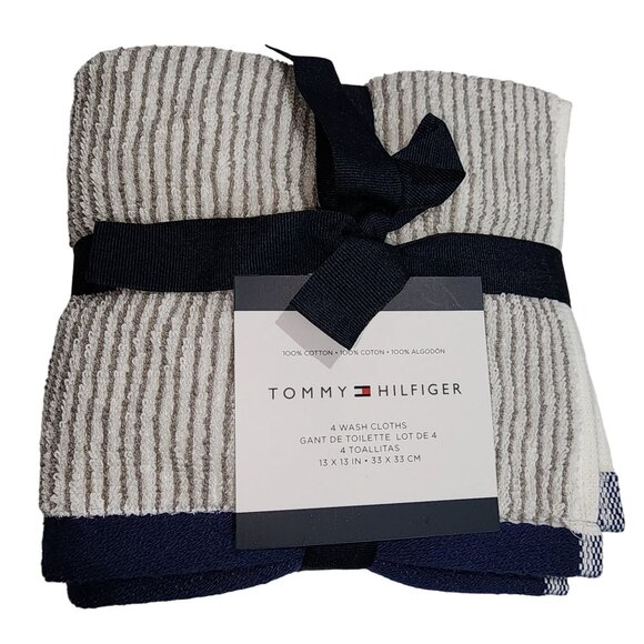 Tommy Hilfiger 8pc Cotton Towel Set Bath Hand Washcloths White Navy Gray Striped - Picture 5 of 12